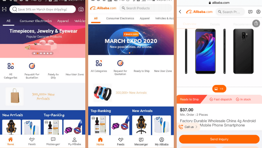 Alibaba progressive web application screenshots