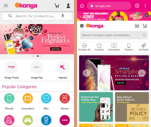 Konga progressive web application screenshots