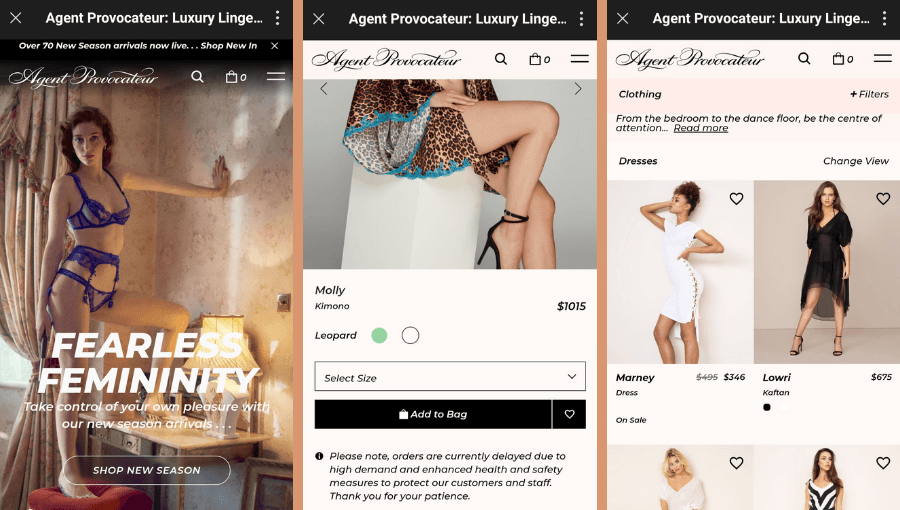 Agent Provocateur progressive web application screenshots