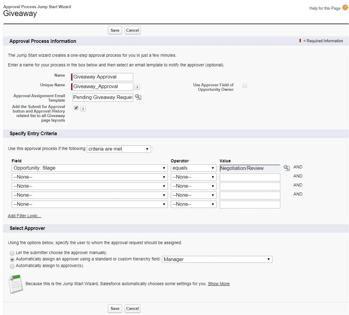 Setting up a Salesforce Approval Process for a giveaway