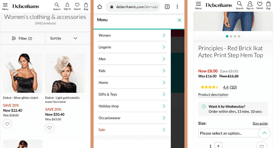 Debenhams progressive web application screenshots