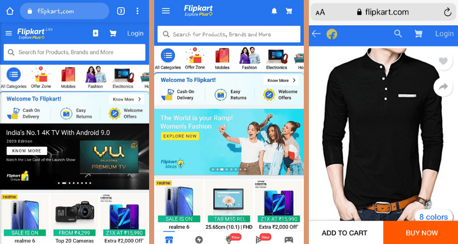 Flipcart progressive web application screenshots