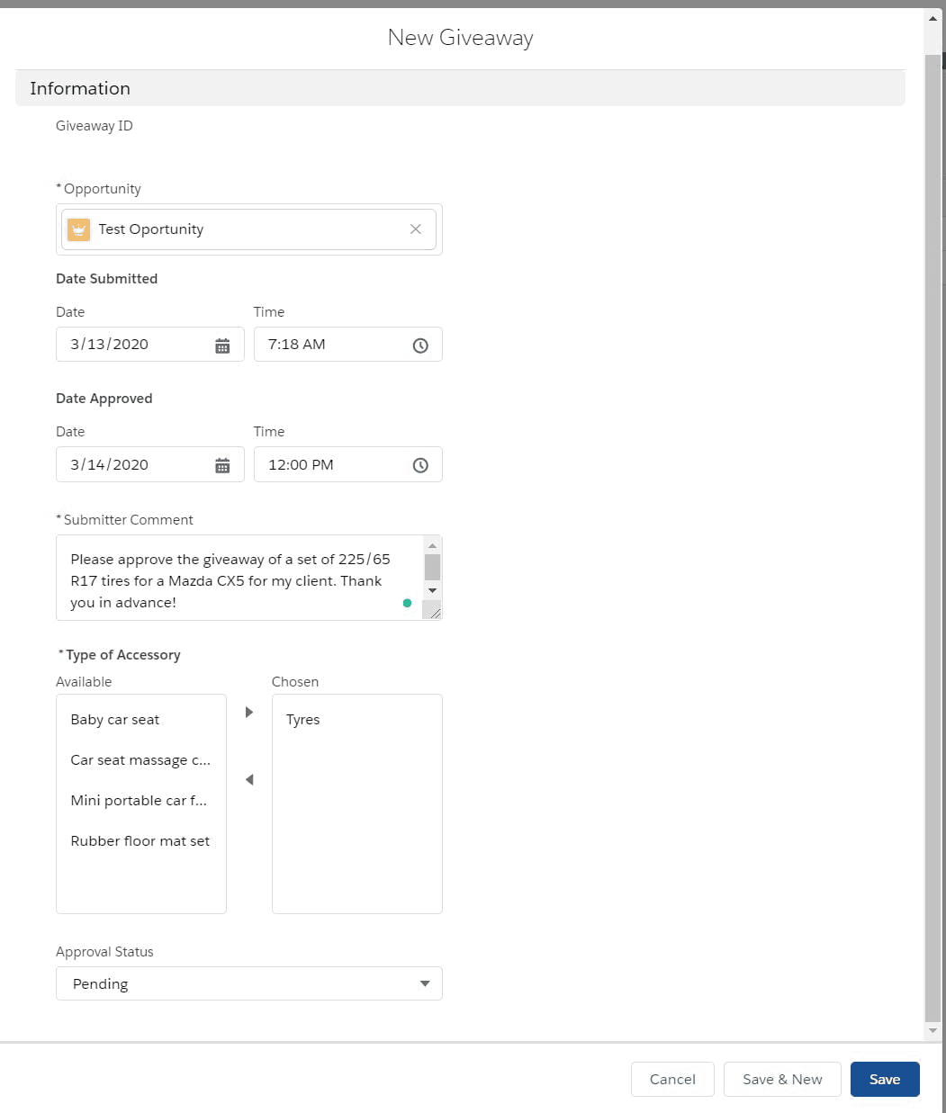 Activating the Approval Process of a Giveaway on Salesforce