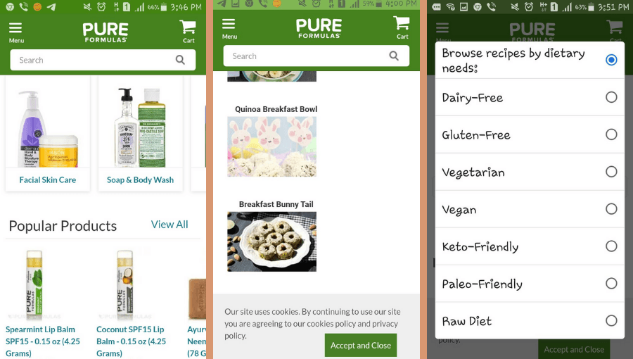 Pure Formulas progressive web application screenshots