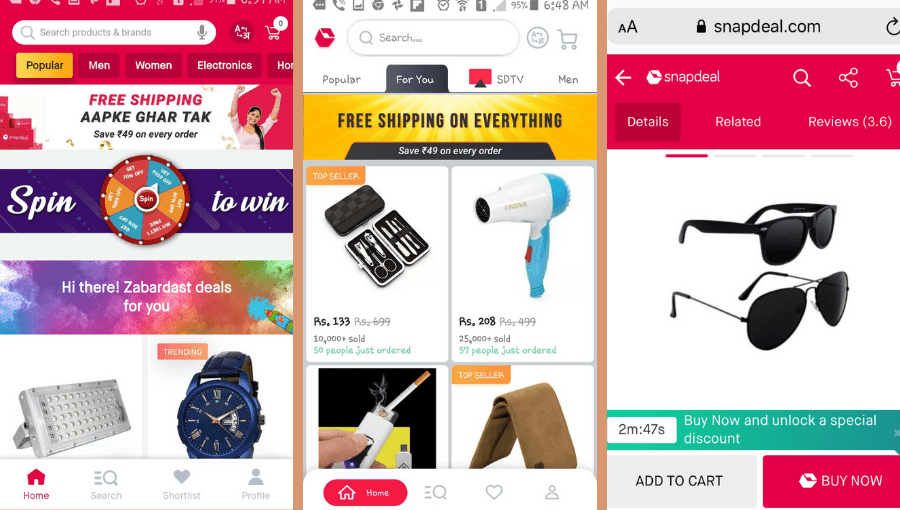 Snapdeal progressive web application screenshots