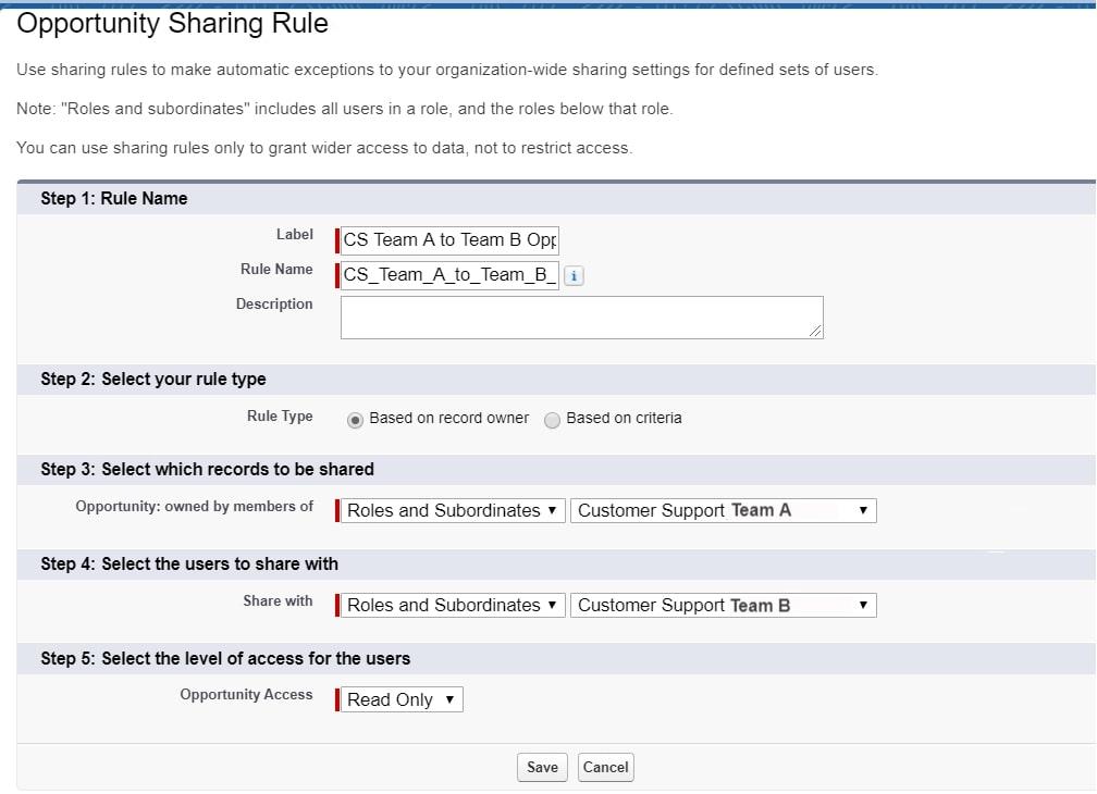 Establishing a sharing rule from team A to team B