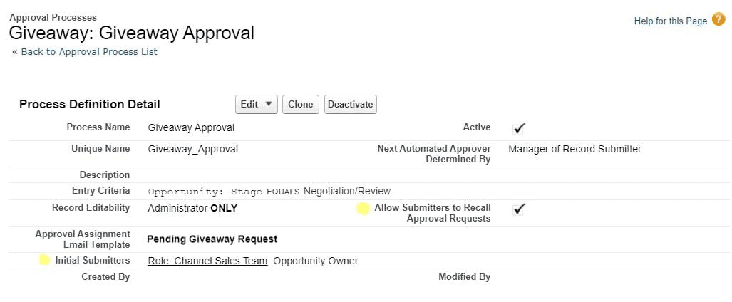 Indicating initial submitters in a Salesforce giveaway approval process