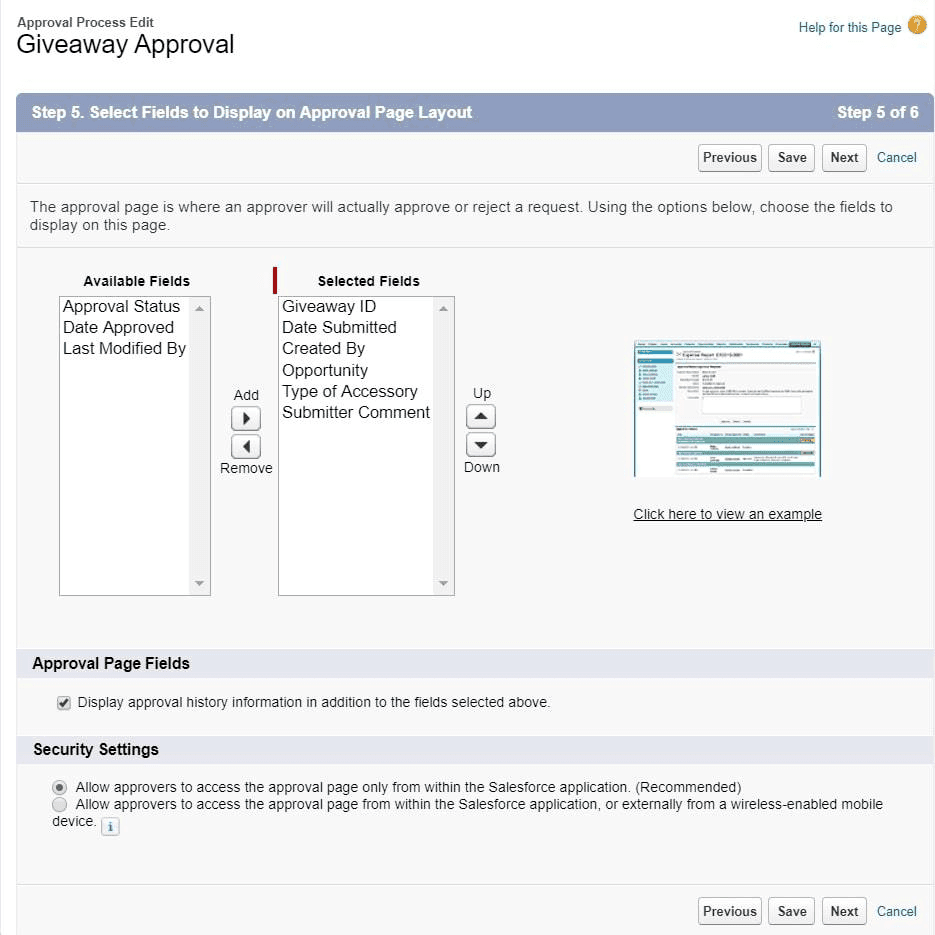 Modifying the Approval Page Layout in a Salesforce approval process