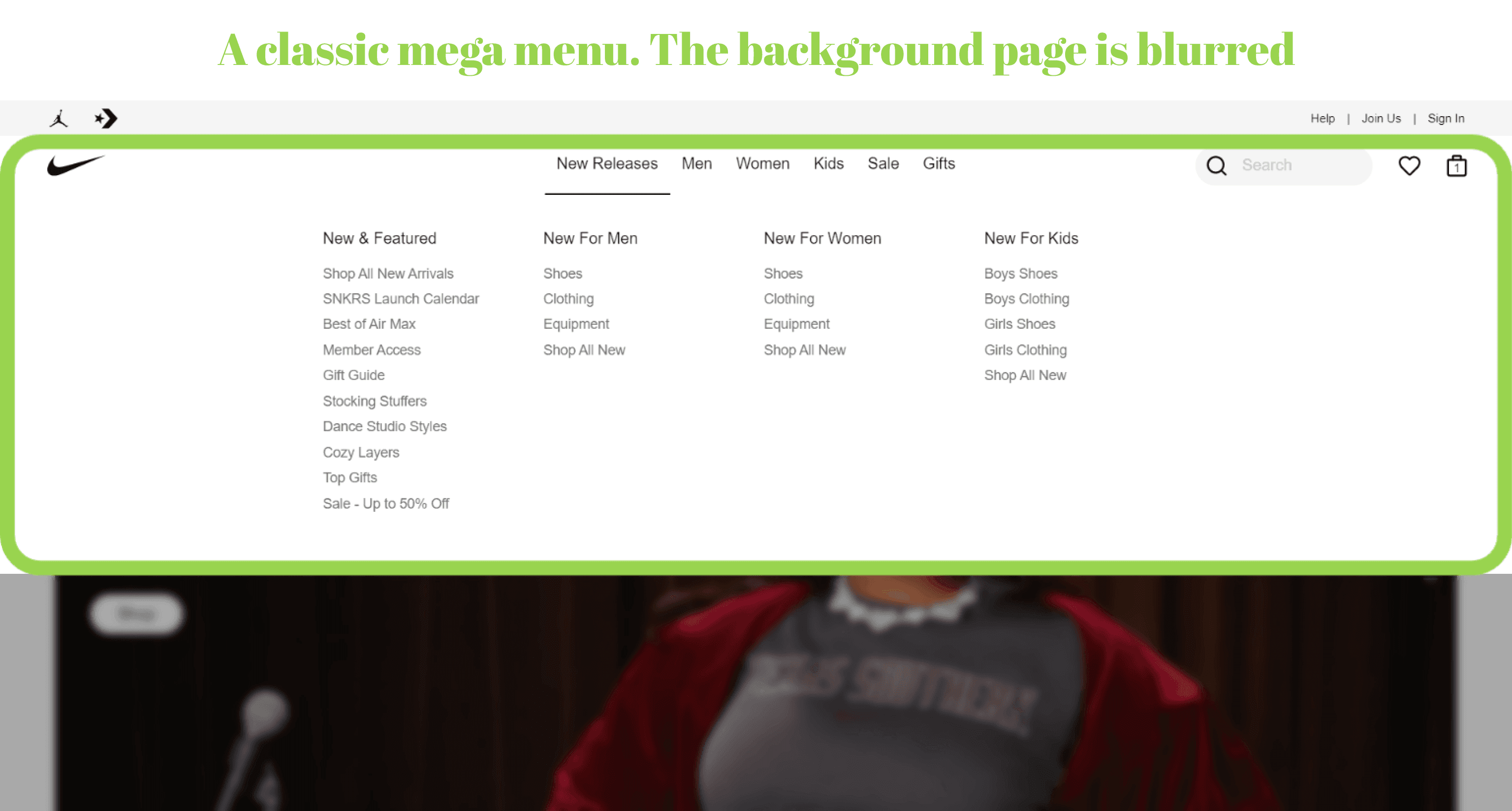 Classic mega menu - Nike website