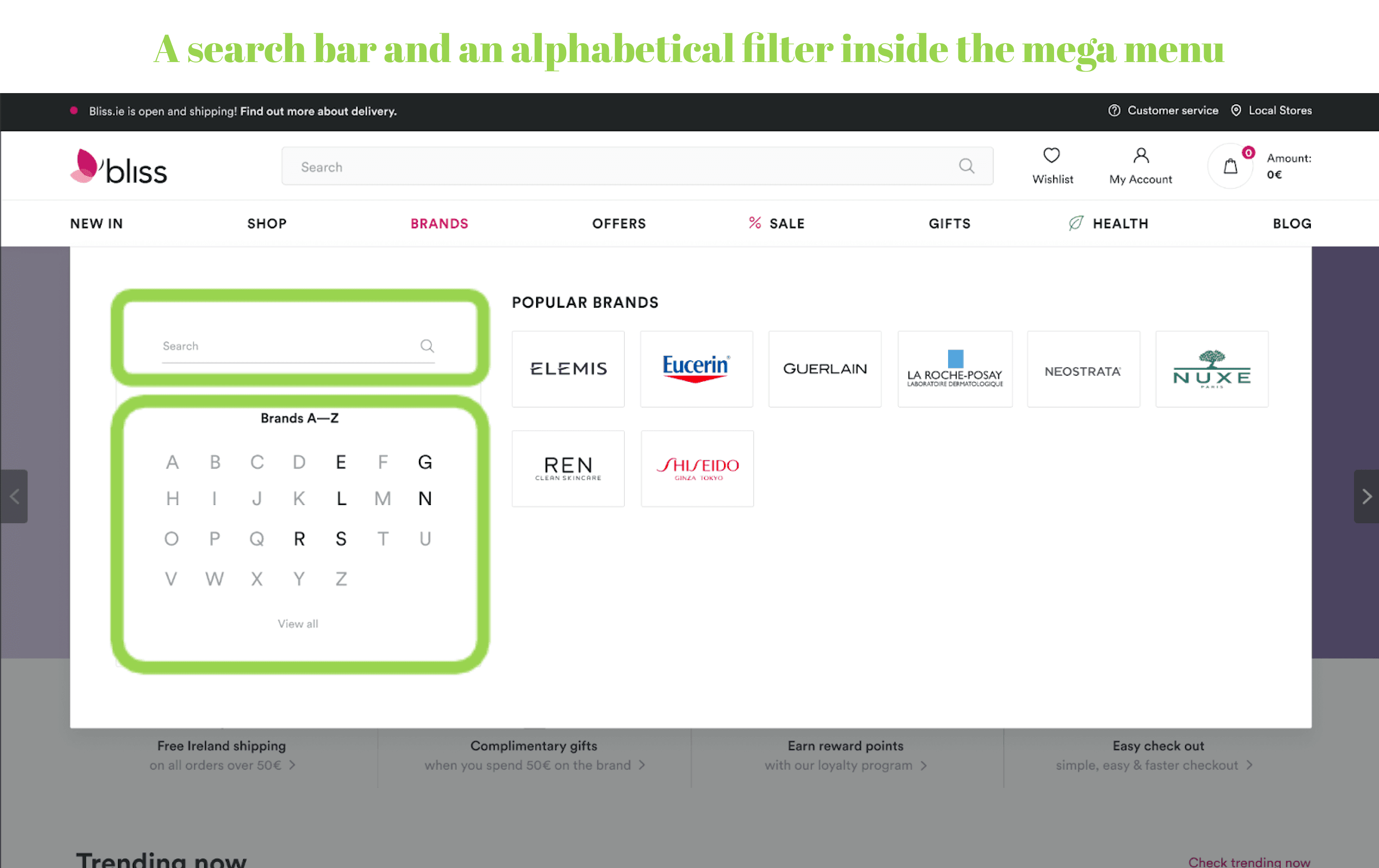 search bar or an alphabetical filter inside the menu - Bliss website
