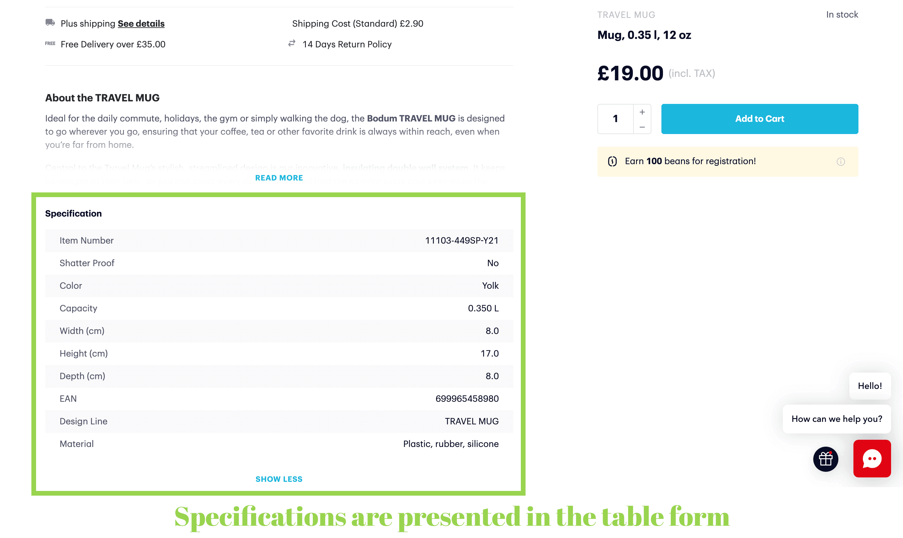 Product details in a table form